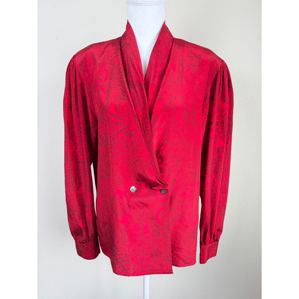VTG Paul Stanley 100% Silk Blouse 12 Red Black Paisley New Wave 80s Statement